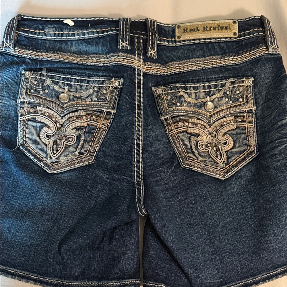 Rock Revival Blue Denim Shorts with Embroidery